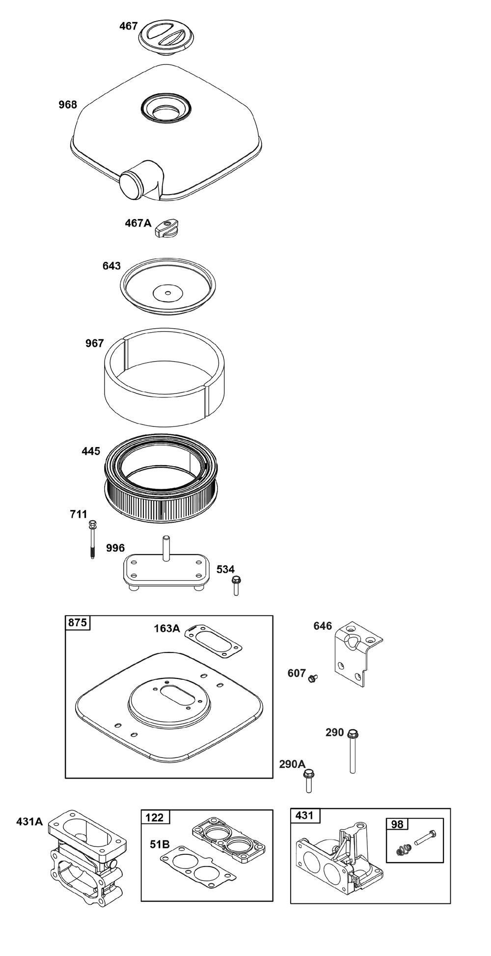 Air Cleaner Group Diagram and Parts List for 613477-0283-J1 400000 - 699999 Briggs and Stratton Engine